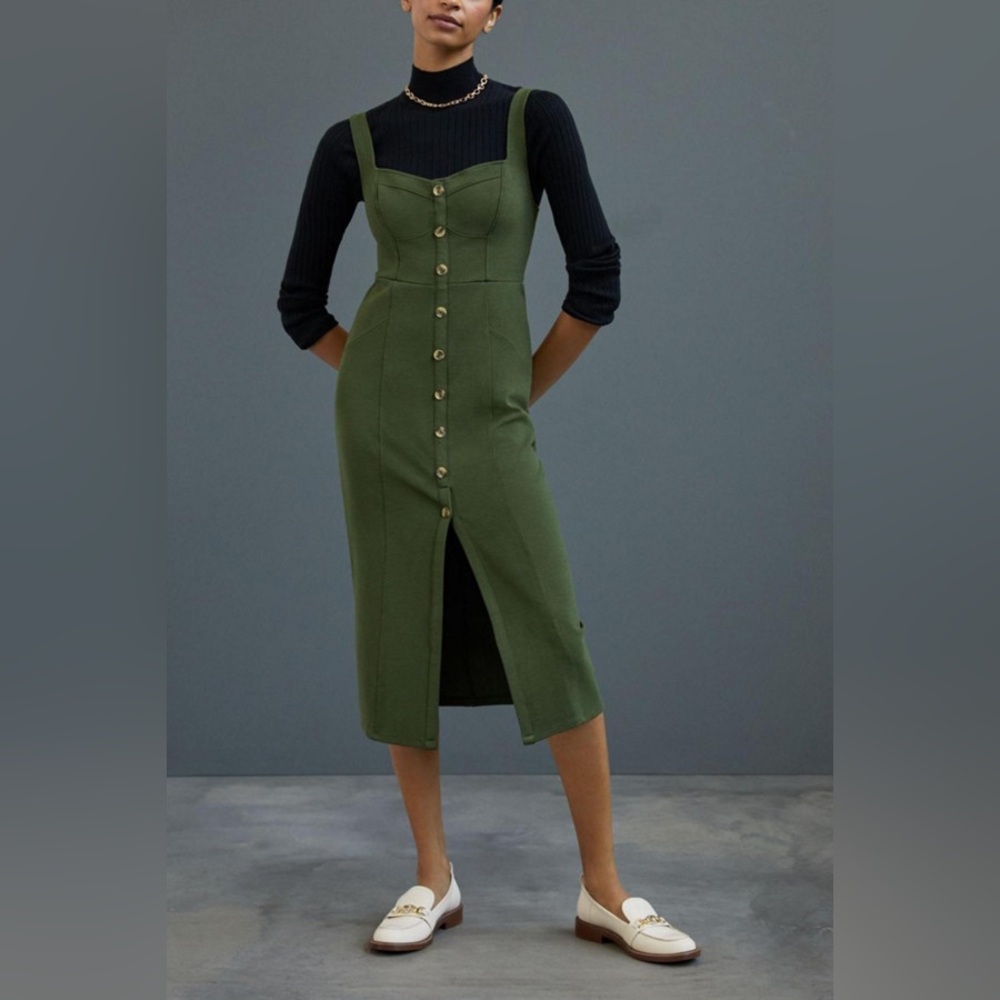 NWT Anthropologie Olive Green Button-Front Midi Dress